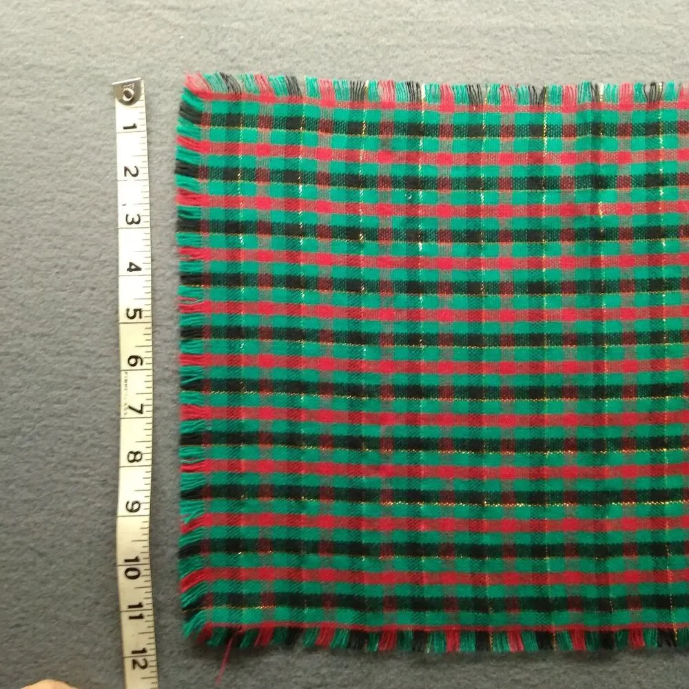 Christmas Napkins Plaid Cloth 6 Red Green Fringe Gold Metallic Sparkle Vintage